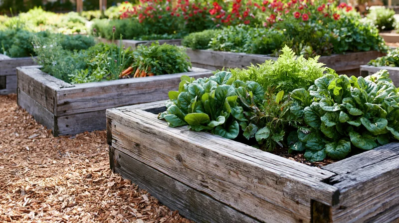 Raised wooden garden beds filled with leafy vegetables and herbs in a community plot with mulched pathways