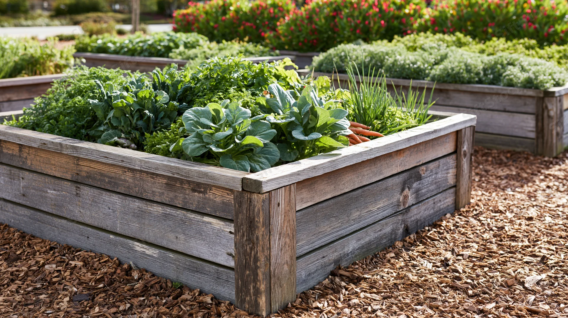 Raised wooden garden beds filled with leafy vegetables and herbs in a community plot surrounded by mulch
