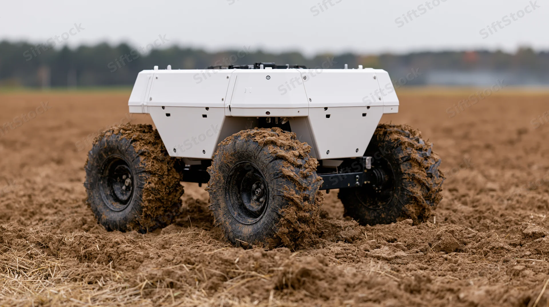 Autonomous agricultural robot driving on plowed field with muddy tires