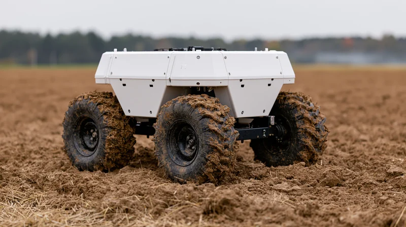 Autonomous agricultural robot driving on plowed field with muddy tires