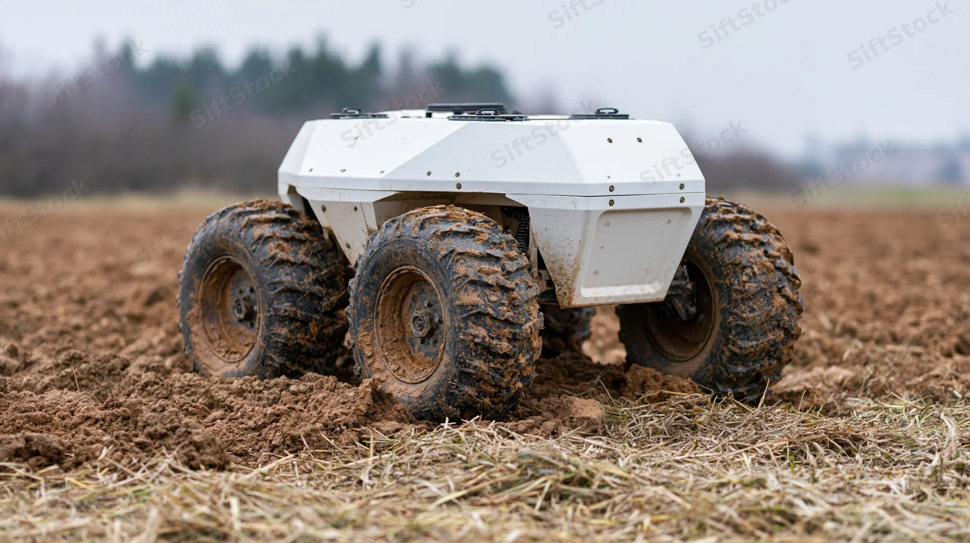 Autonomous agricultural robot driving through muddy field with large tires