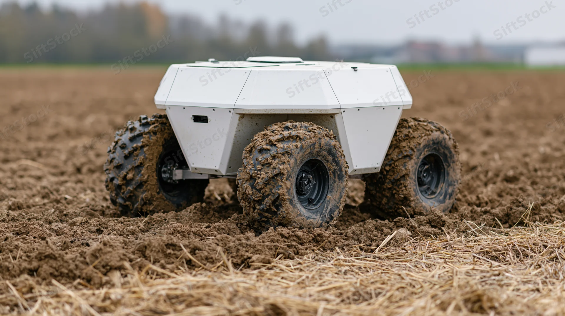Autonomous agricultural robot moving through muddy field with angular white body and large tires