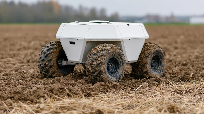 Autonomous agricultural robot moving through muddy field with angular white body and large tires