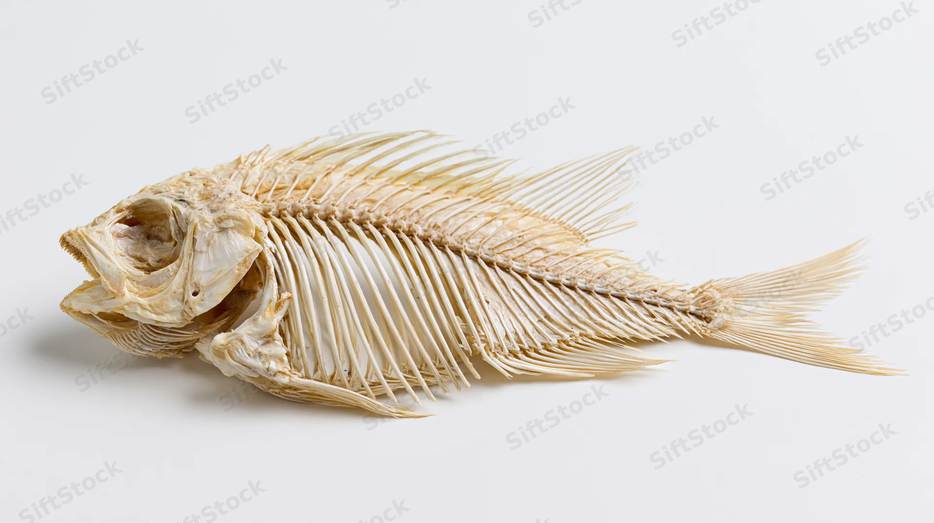Articulated fish skeleton specimen displayed on white background