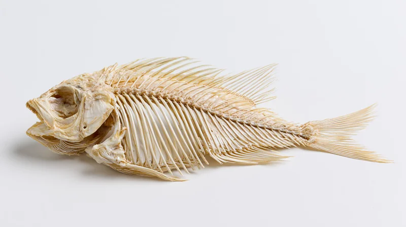 Articulated fish skeleton specimen displayed on white background