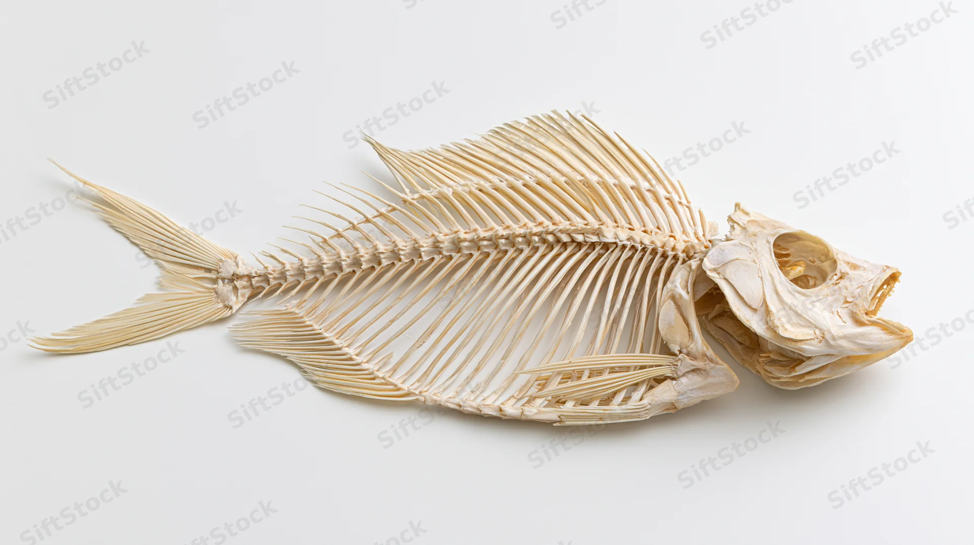 Articulated fish skeleton specimen displayed on white background