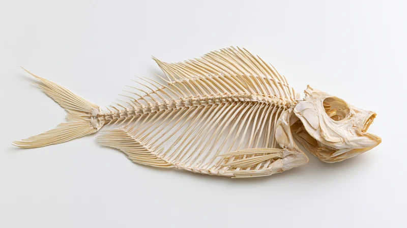 Articulated fish skeleton specimen displayed on white background