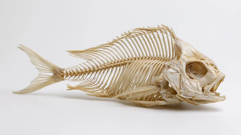 Articulated fish skeleton specimen displayed on white background