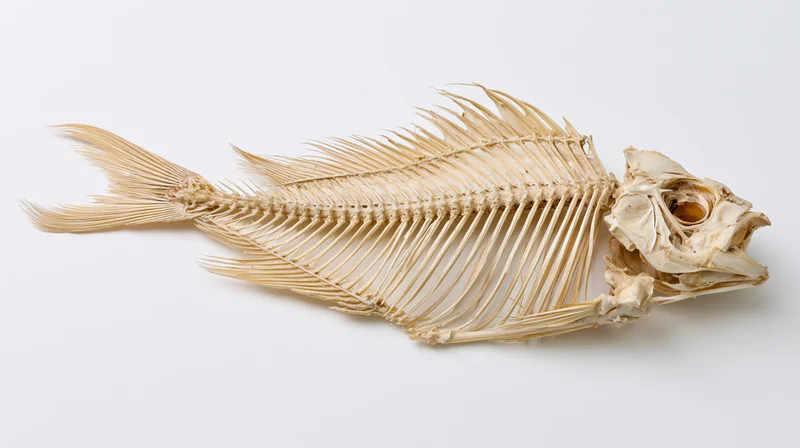 Complete articulated fish skeleton specimen displayed on white background