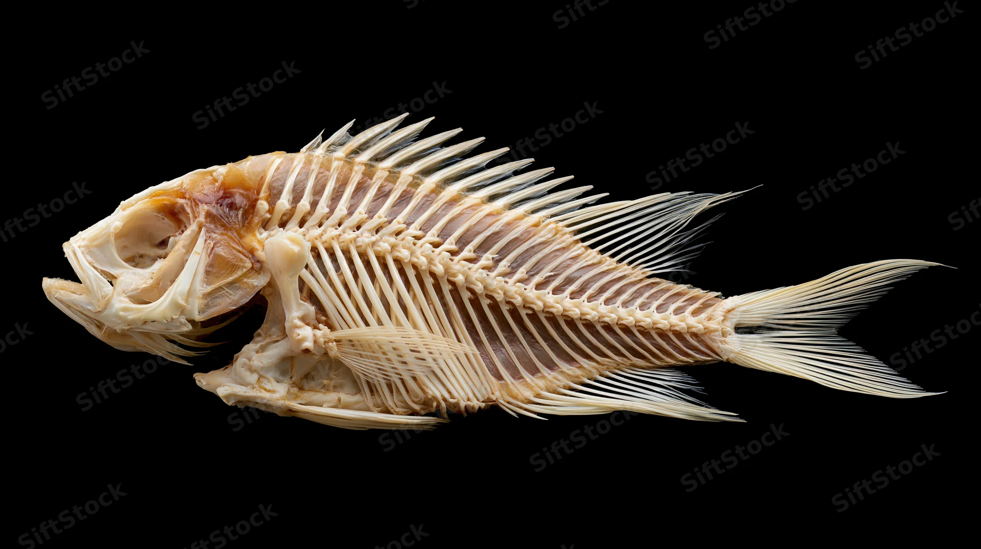 Fish skeleton in lateral profile against black background