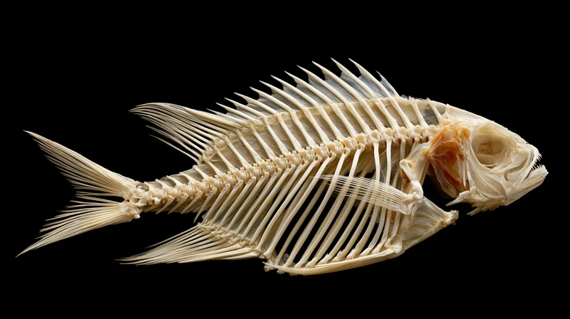 Fish skeleton in lateral profile against black background