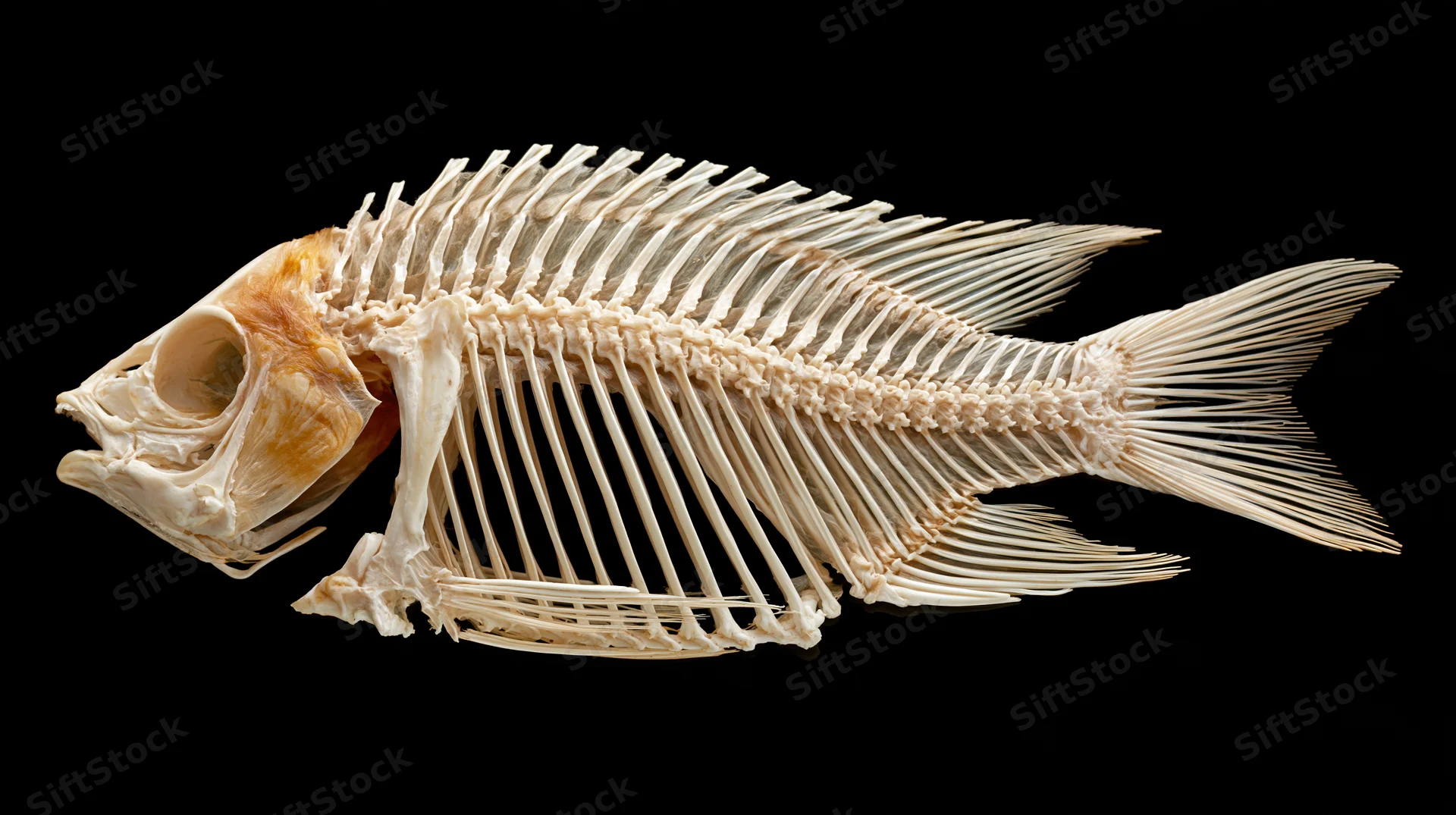 Fish skeleton in lateral profile against black background