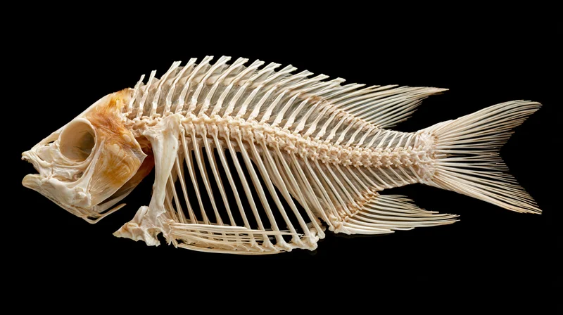 Fish skeleton in lateral profile against black background