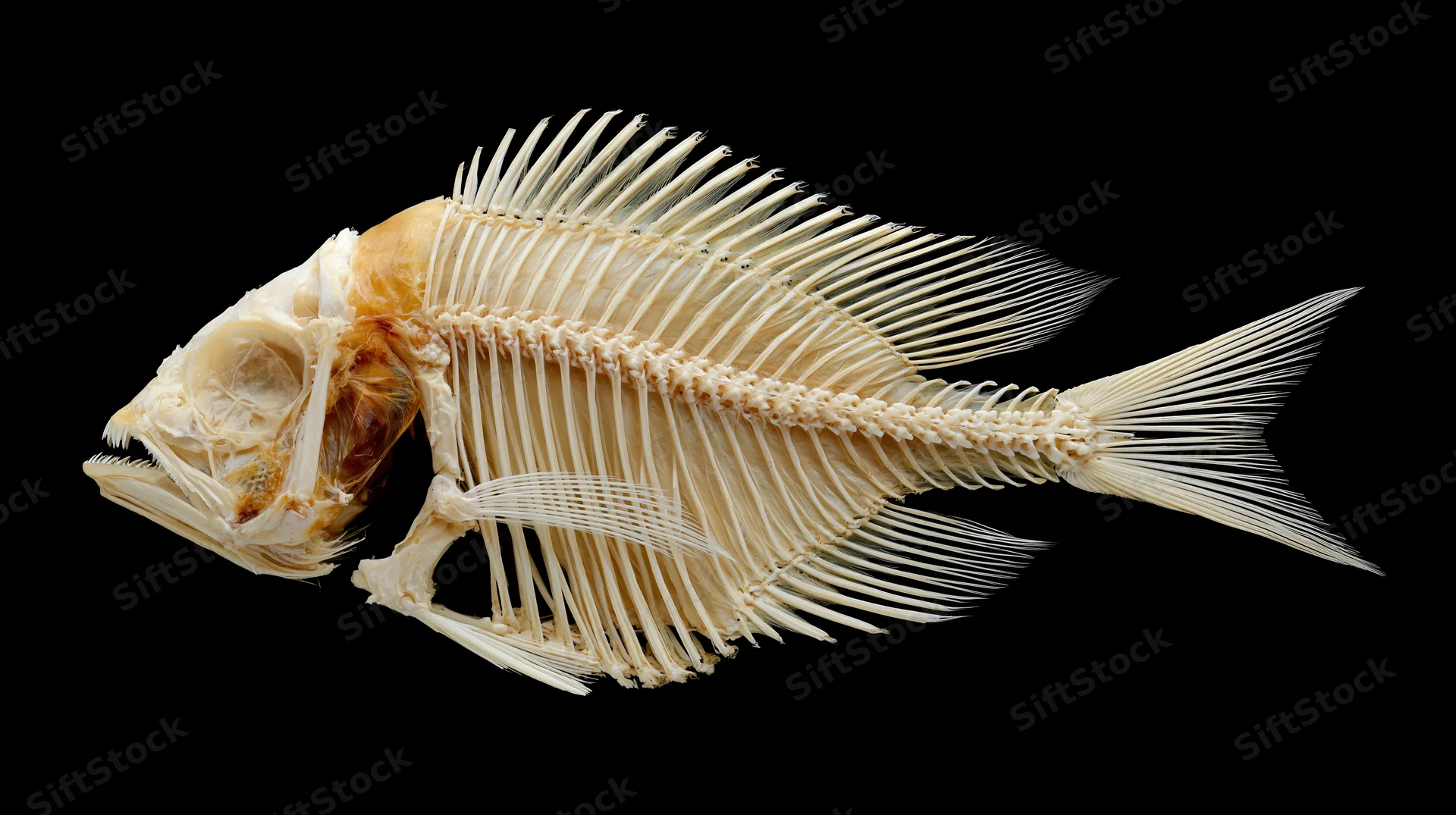 Fish skeleton in lateral profile against black background