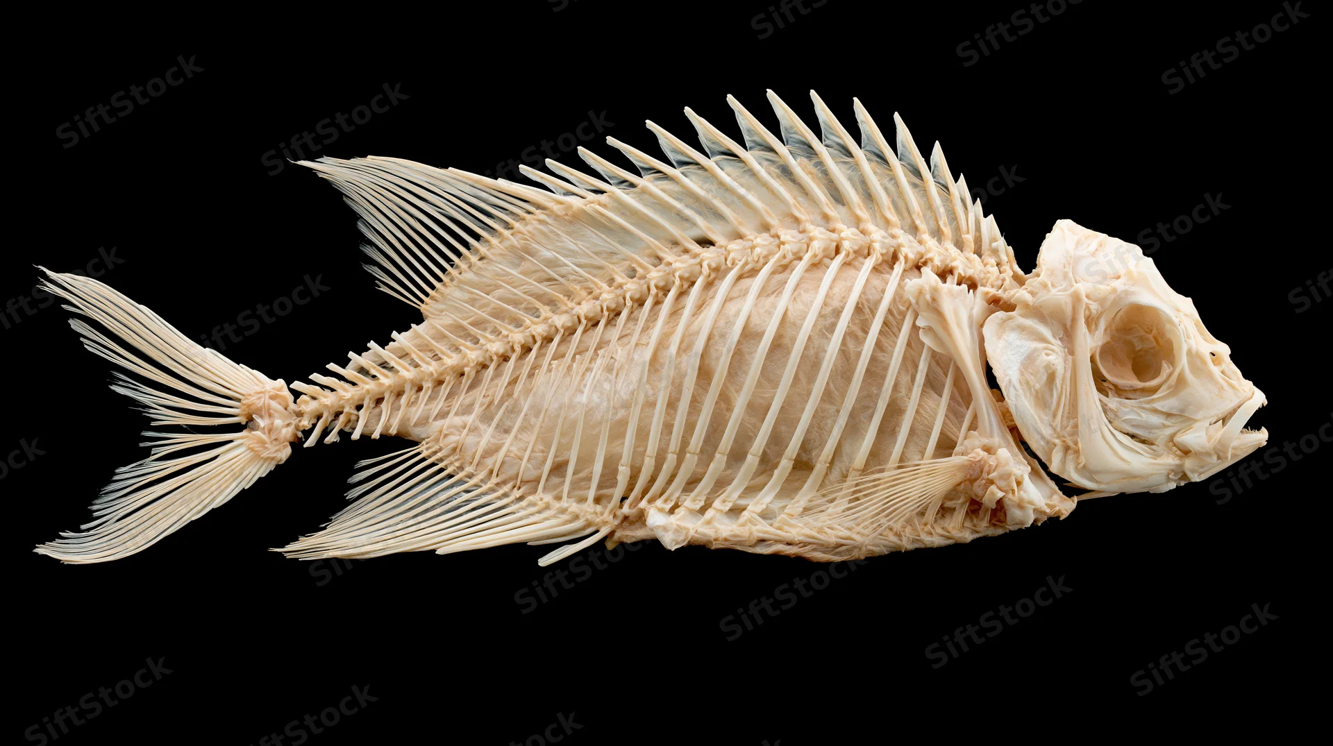 Fish skeleton displayed laterally against black background