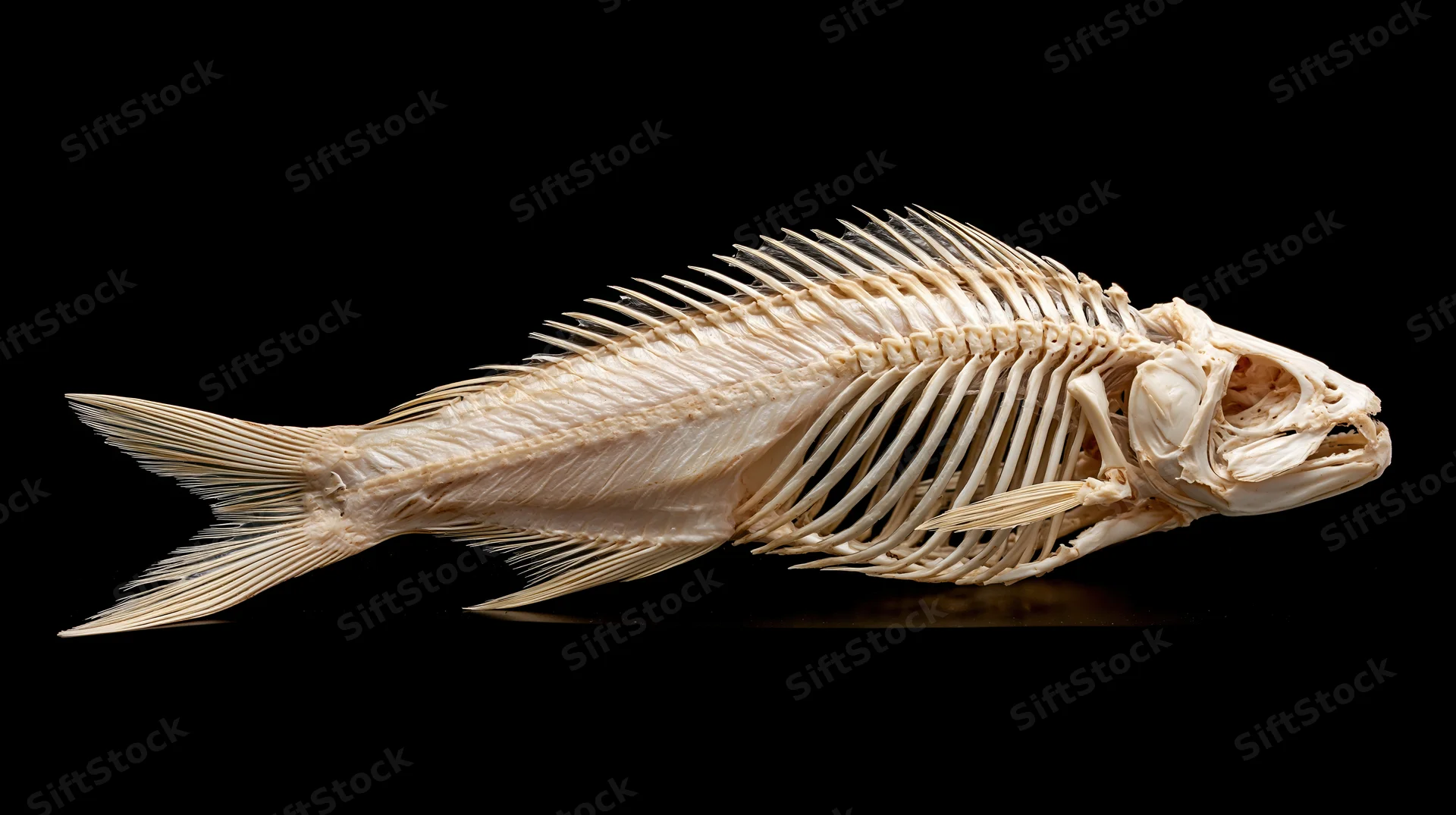 Fish skeleton displayed laterally against black background