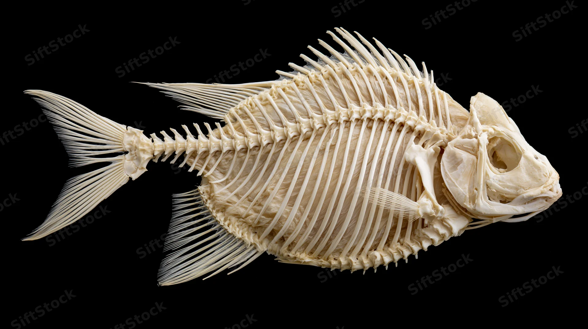 Fish skeleton displayed laterally against black background