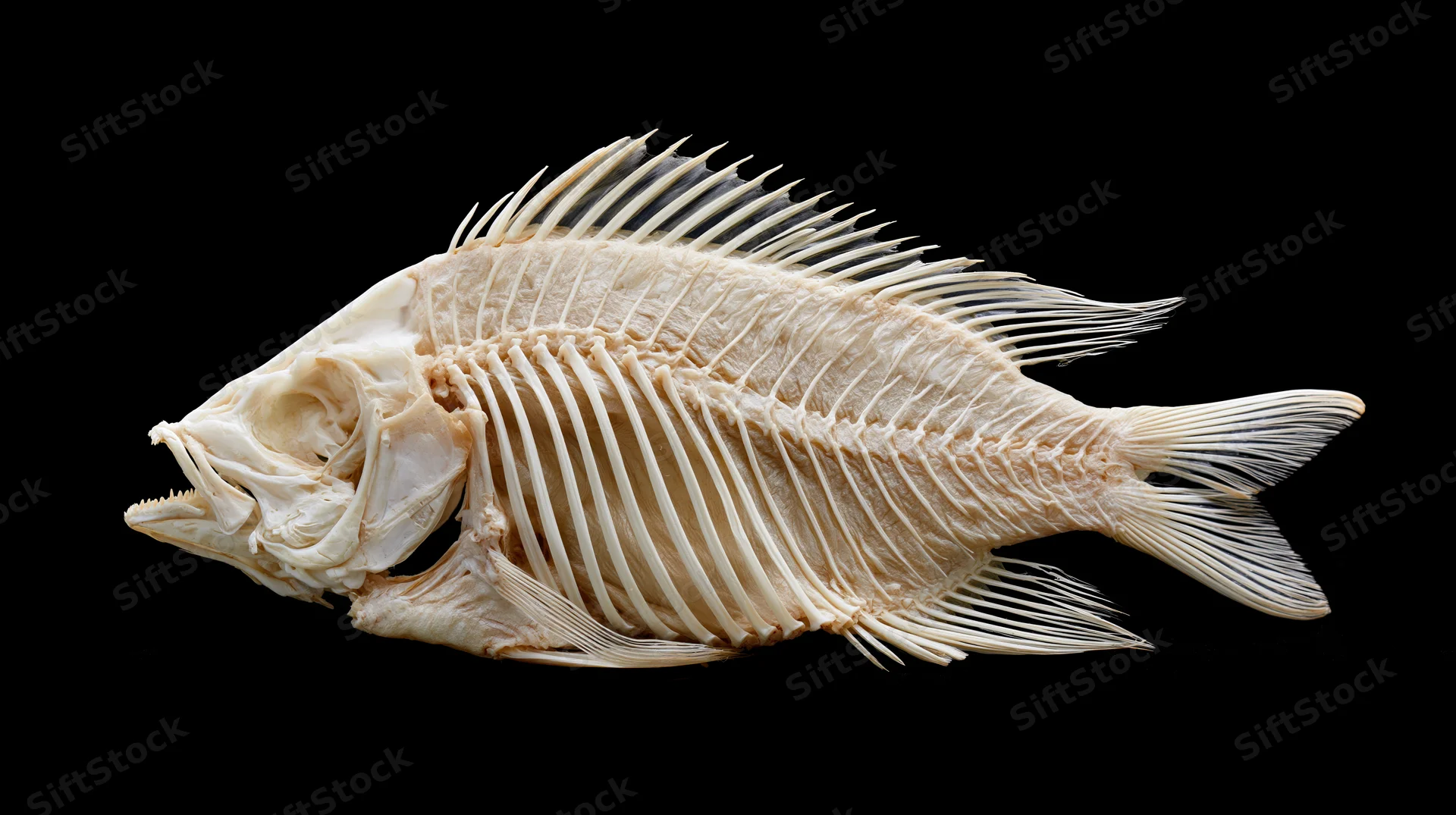 Fish skeleton displayed laterally against black background