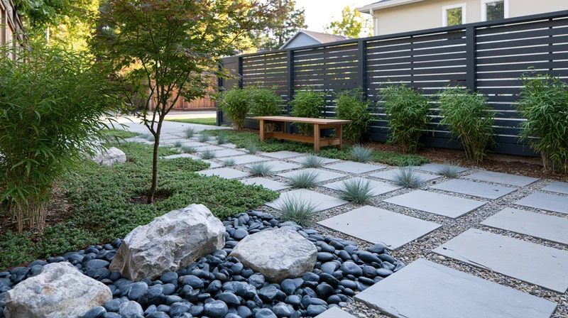 Contemporary japanese-inspired backyard garden with stone pathway and gravel landscaping