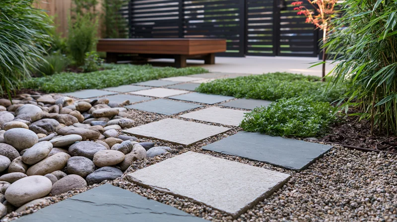 Stone pathway with alternating tiles and pebbles in a contemporary Japanese-inspired garden with greenery and wooden bench