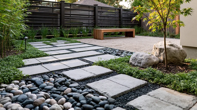 Stone pathway winding through a contemporary Japanese-inspired garden with gravel, rocks, greenery and a wooden bench near a black fence