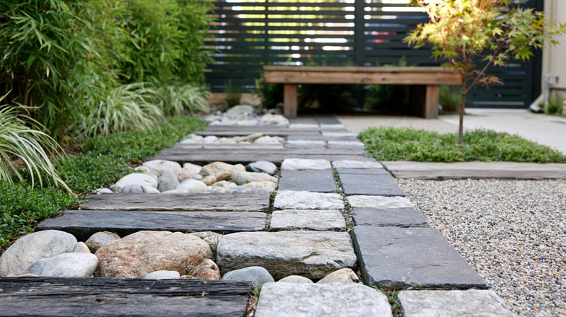 Stone pathway winding through a contemporary Japanese-inspired garden with bamboo, gravel, and a wooden bench against a dark slatted fence