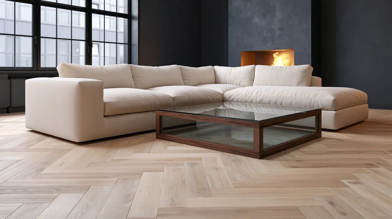 Cream sectional sofa with glass coffee table in modern living room featuring fireplace and parquet flooring