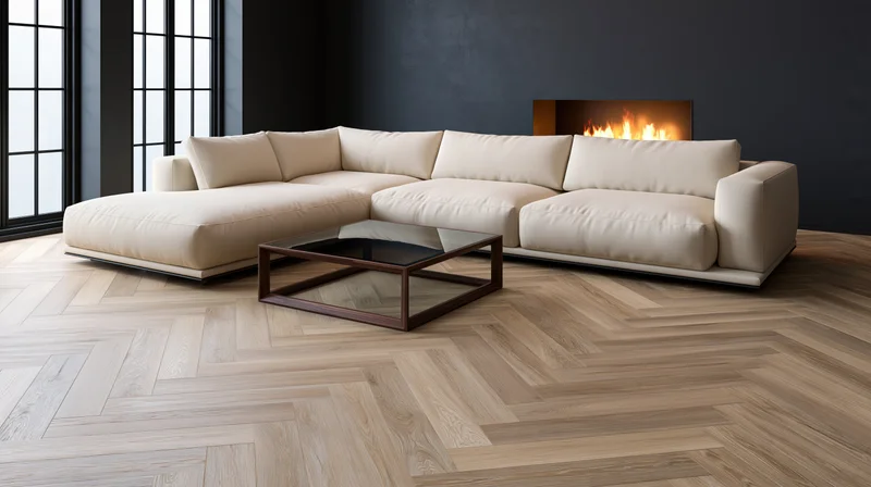 Cream sectional sofa in modern living room with fireplace and herringbone wood flooring