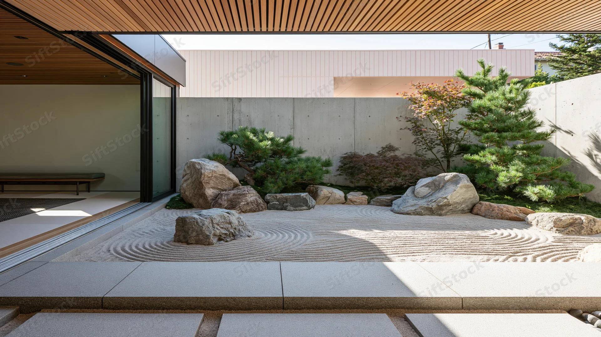 Contemporary zen garden courtyard with raked sand, rocks, and pine trees viewed from a covered interior space