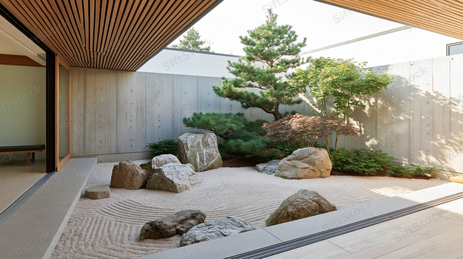 Contemporary zen garden courtyard with raked sand, rocks, and pine trees viewed from a covered interior space