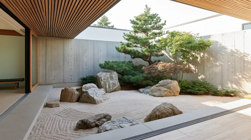 Contemporary zen garden courtyard with raked sand, rocks, and pine trees viewed from a covered interior space