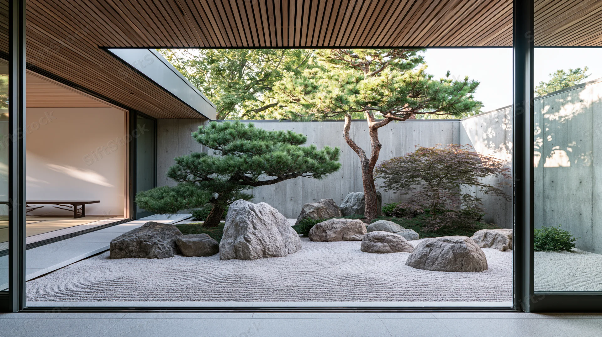 Zen garden courtyard with raked sand, rocks, pine trees, and concrete walls viewed through large glass doors from a modern interior space