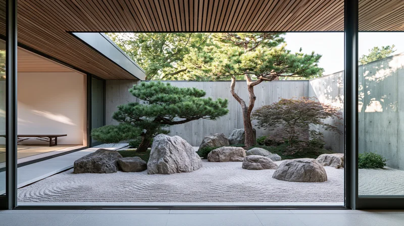 Zen garden courtyard with raked sand, rocks, pine trees, and concrete walls viewed through large glass doors from a modern interior space