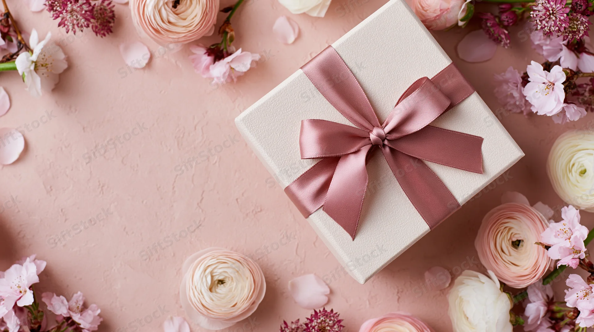 Cream textured gift box tied with dusty rose satin ribbon surrounded by pink flowers and petals on a soft pink surface