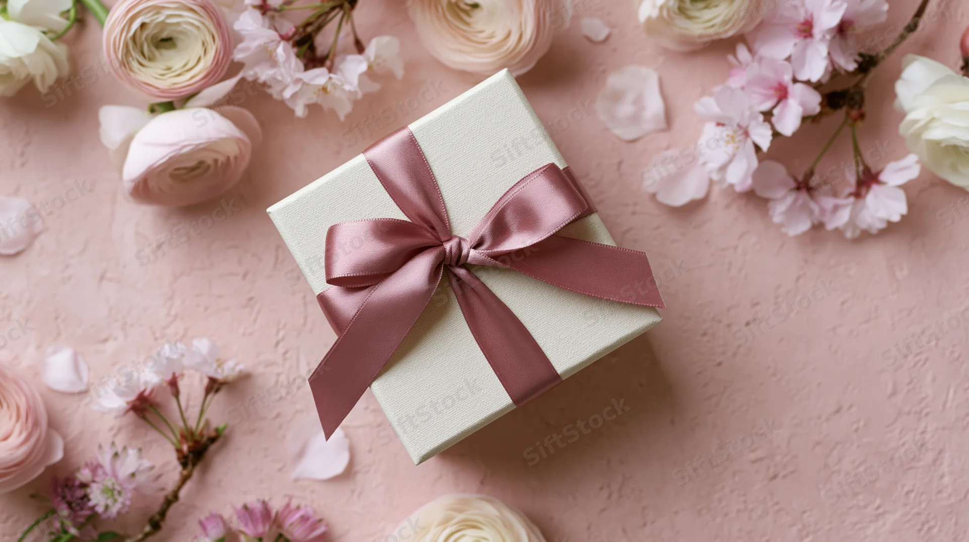 Cream gift box with dusty rose satin ribbon surrounded by cherry blossoms and ranunculus on pink textured surface