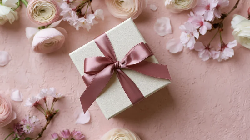 Cream gift box with dusty rose satin ribbon surrounded by cherry blossoms and ranunculus on pink textured surface