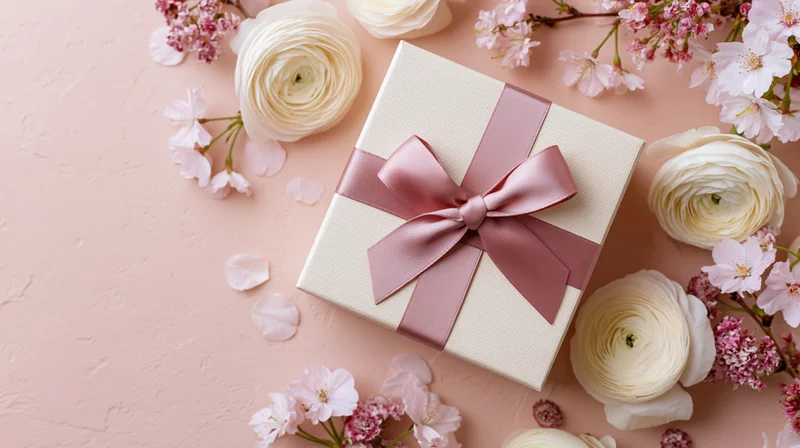 Cream gift box with dusty rose satin ribbon and spring flowers on pink textured surface