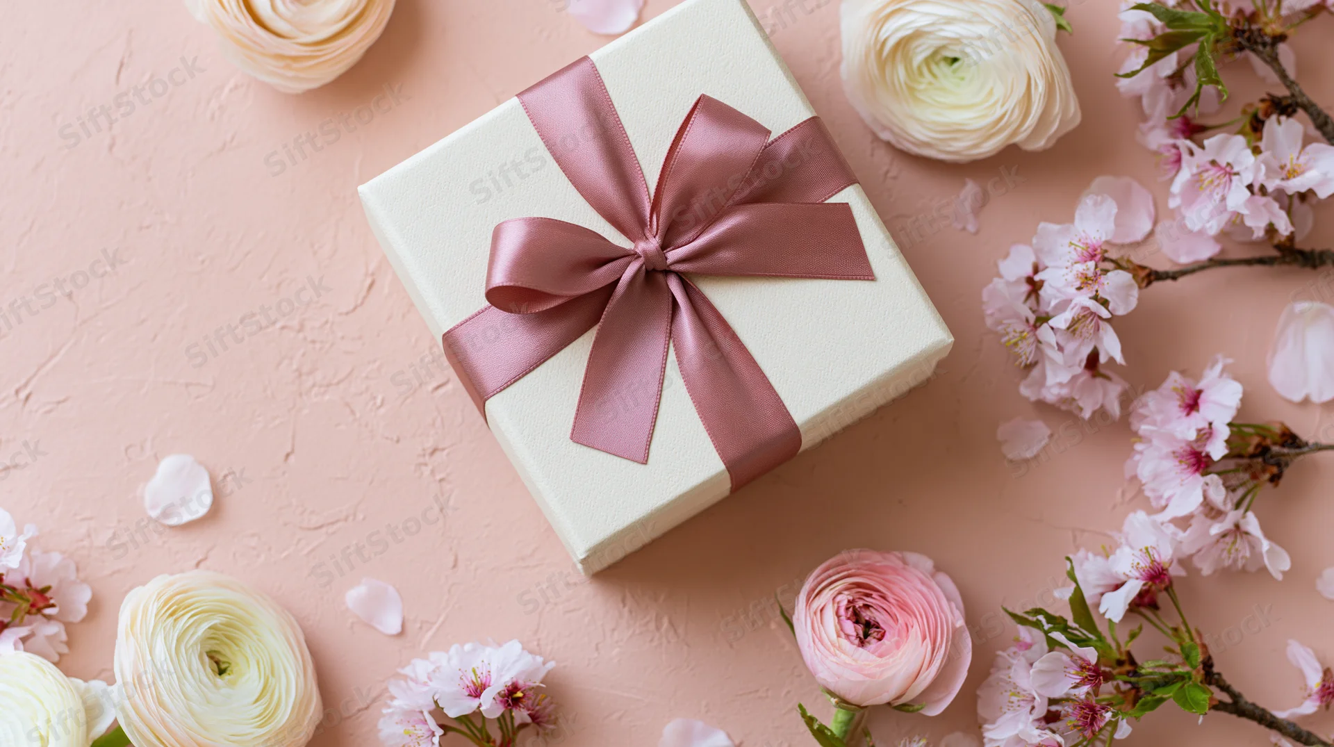 Cream gift box with dusty rose ribbon surrounded by cherry blossoms and ranunculus on pink textured surface