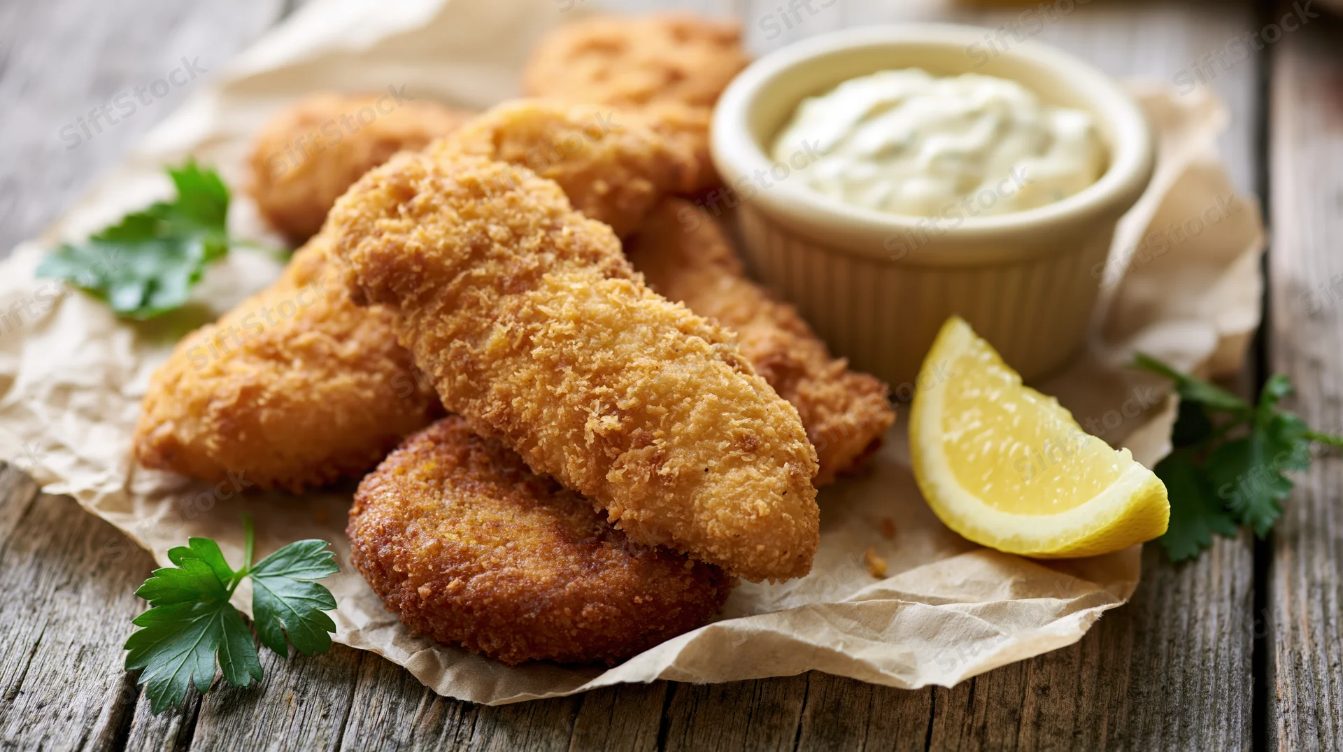 Crispy breaded fish fillets and a fried patty served with tartar sauce and lemon on parchment paper over a wooden table