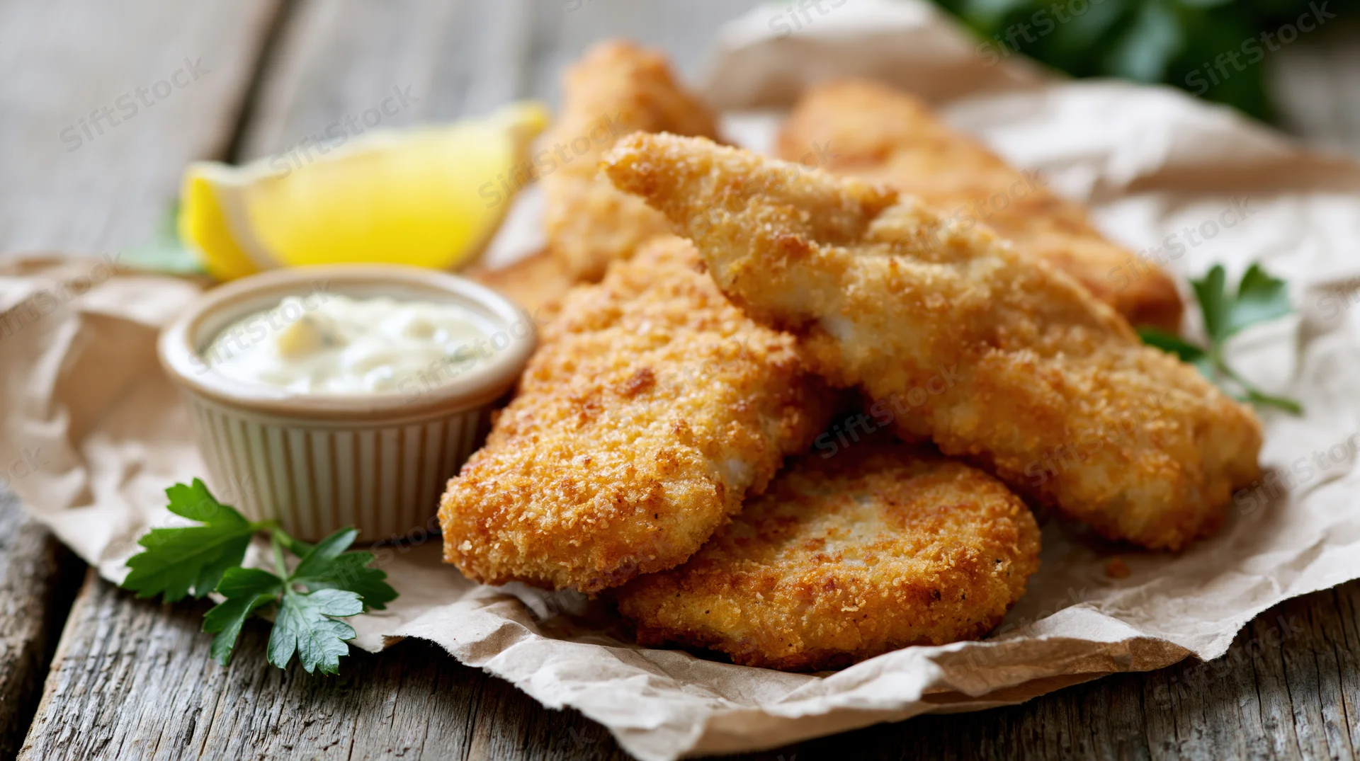 Crispy breaded fish fillets and a round fried patty on parchment paper with tartar sauce and lemon wedge on wooden table