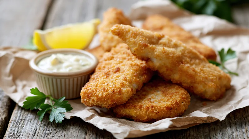 Crispy breaded fish fillets and a round fried patty on parchment paper with tartar sauce and lemon wedge on wooden table