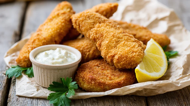 Crispy breaded fish fillets and a round fried patty served with tartar sauce, lemon wedge, and parsley on crumpled paper atop a wooden table