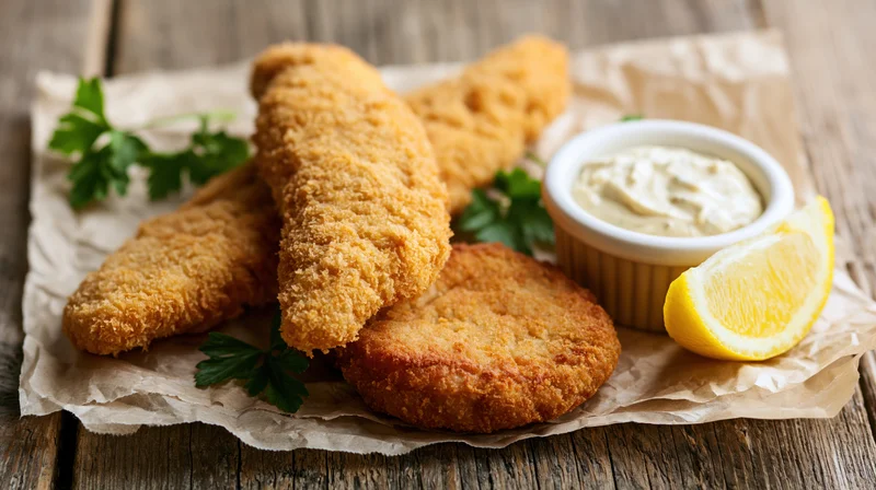 Crispy breaded fish fillets and a round fried patty on parchment paper with tartar sauce and lemon wedge on wooden table