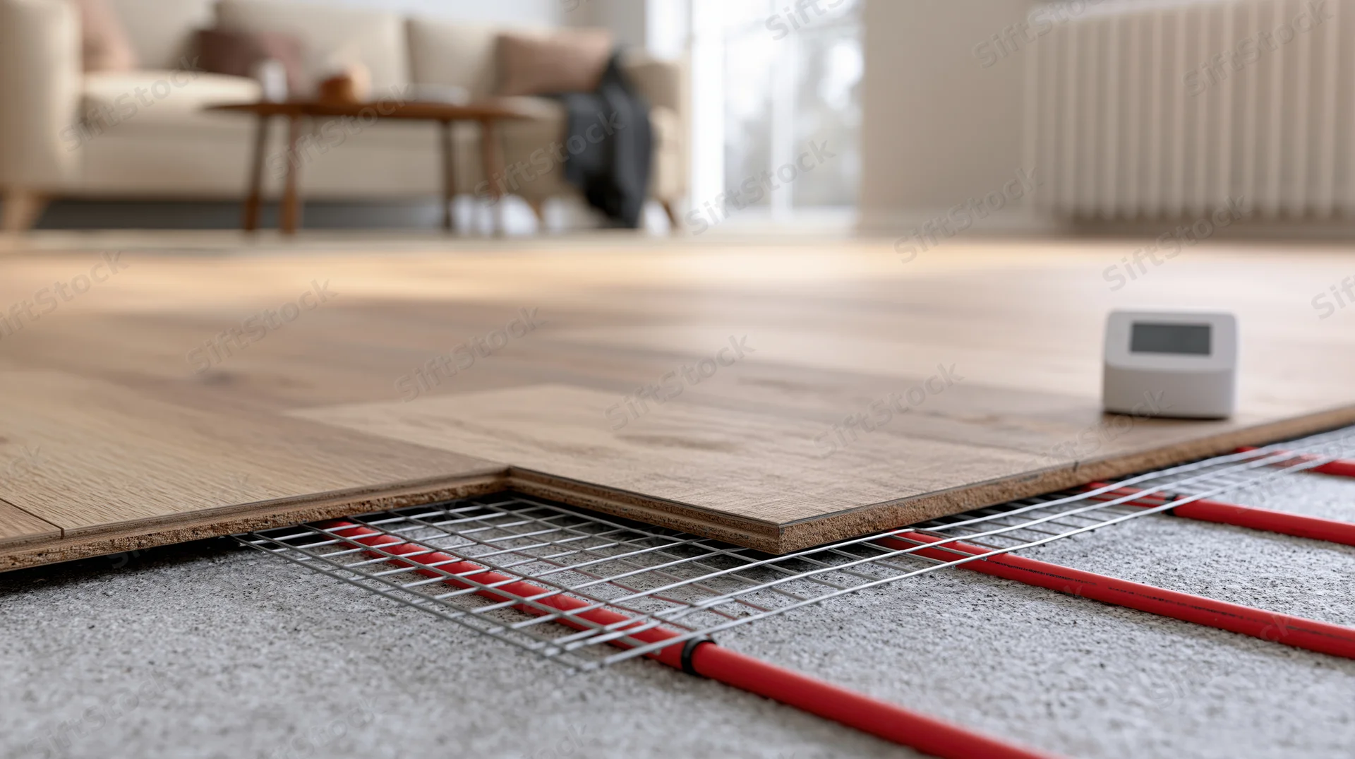 Cross-section of underfloor radiant heating system in a living room with wood flooring and thermostat control