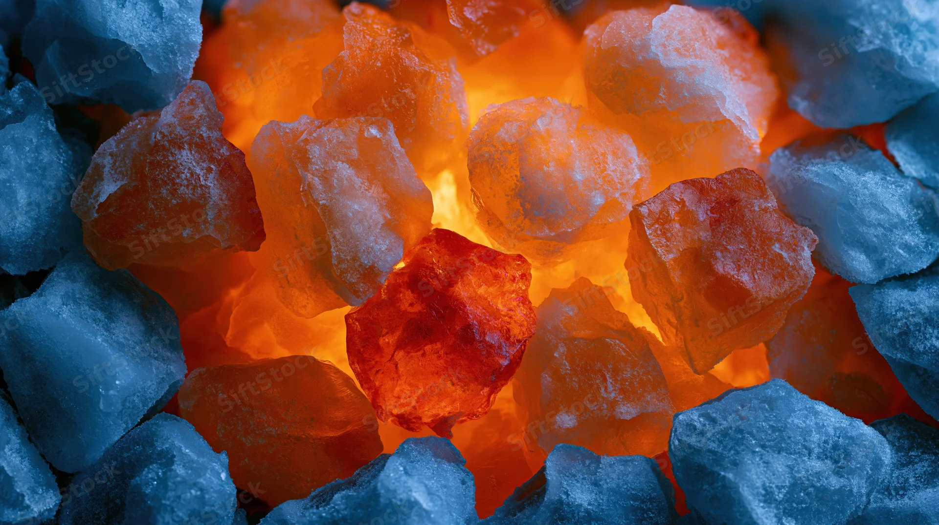 Crushed ice chunks piled densely with warm backlight glowing through translucent pieces