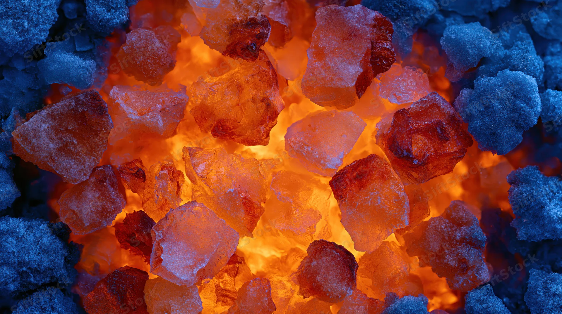 Crushed ice chunks piled densely with warm backlight glowing through translucent pieces