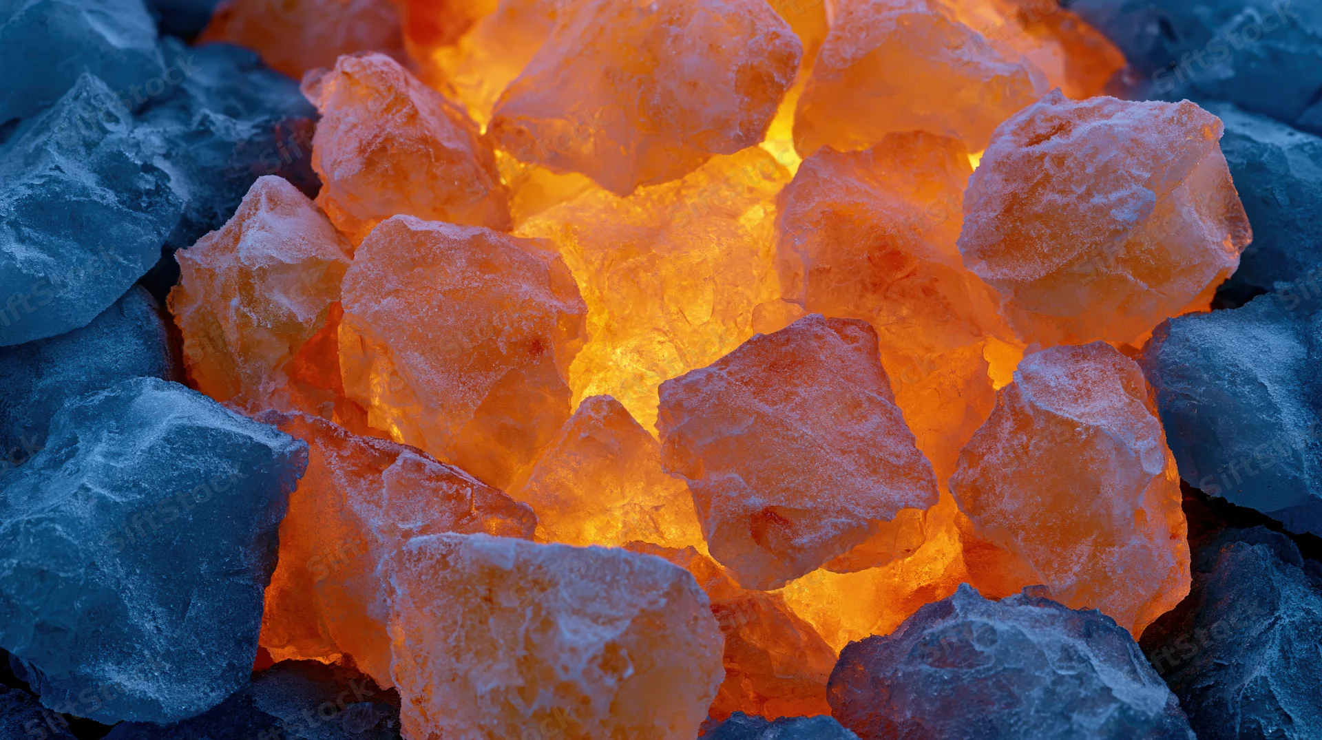 Crushed ice chunks piled densely with warm backlight glowing through translucent pieces