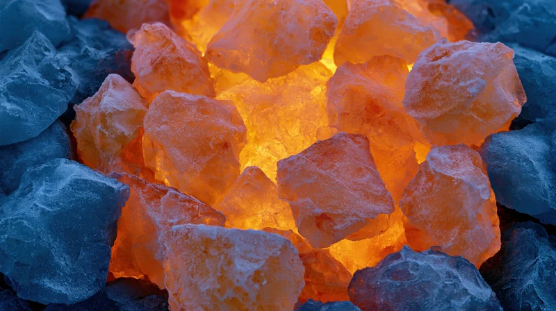 Crushed ice chunks piled densely with warm backlight glowing through translucent pieces