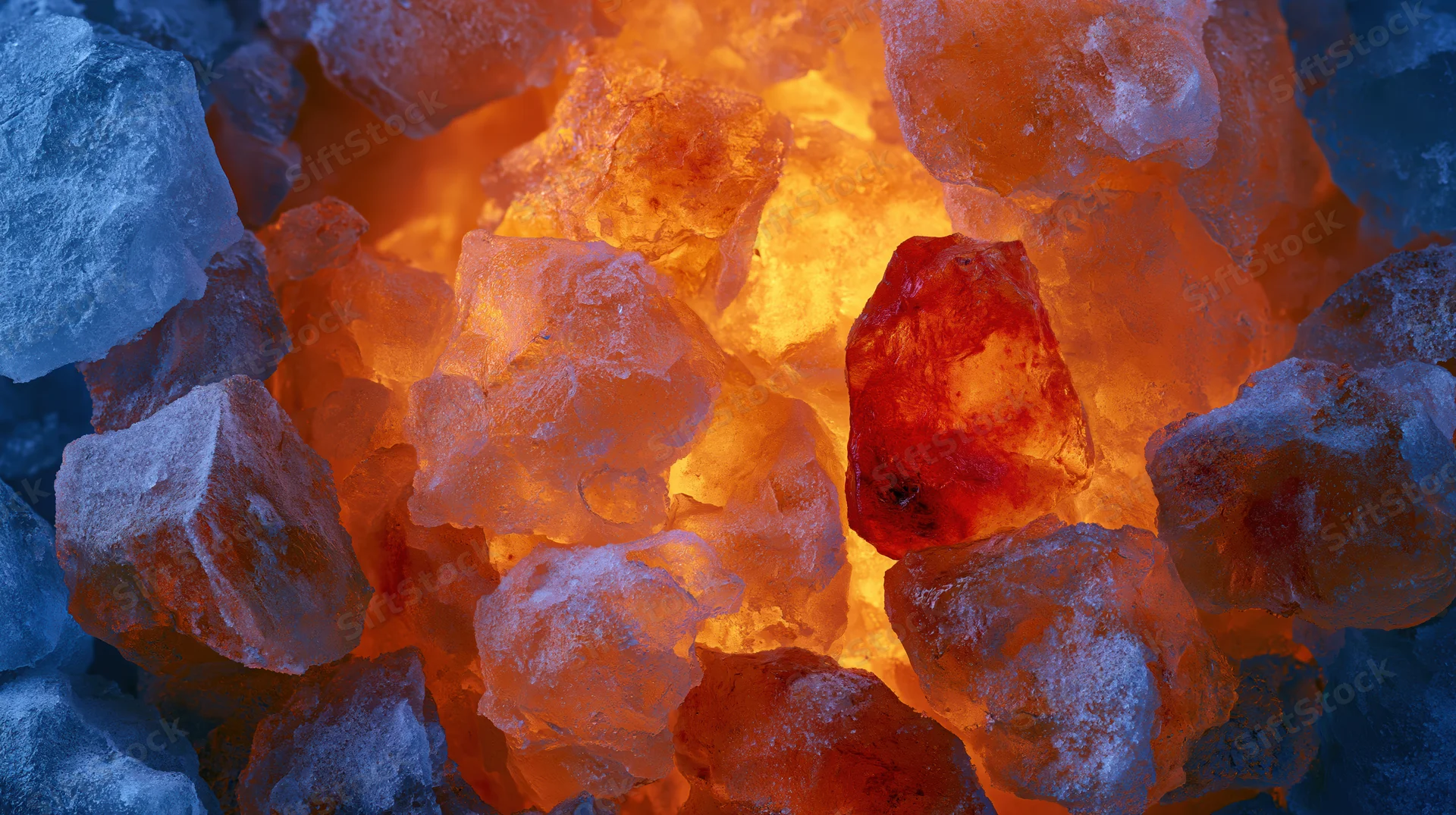 Crushed ice chunks piled densely and backlit with warm orange light creating glowing translucent effect