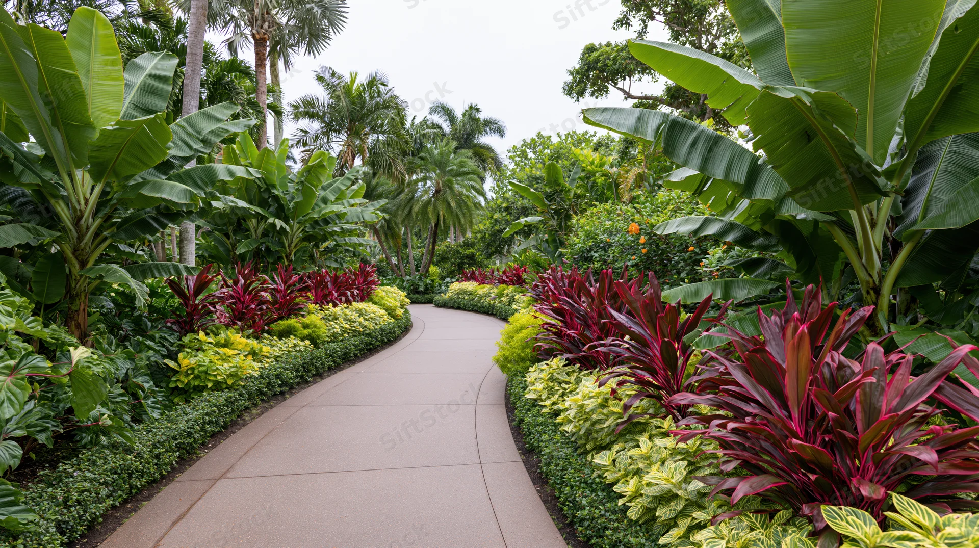 Curved concrete pathway winding through lush tropical garden with banana palms and colorful foliage plants
